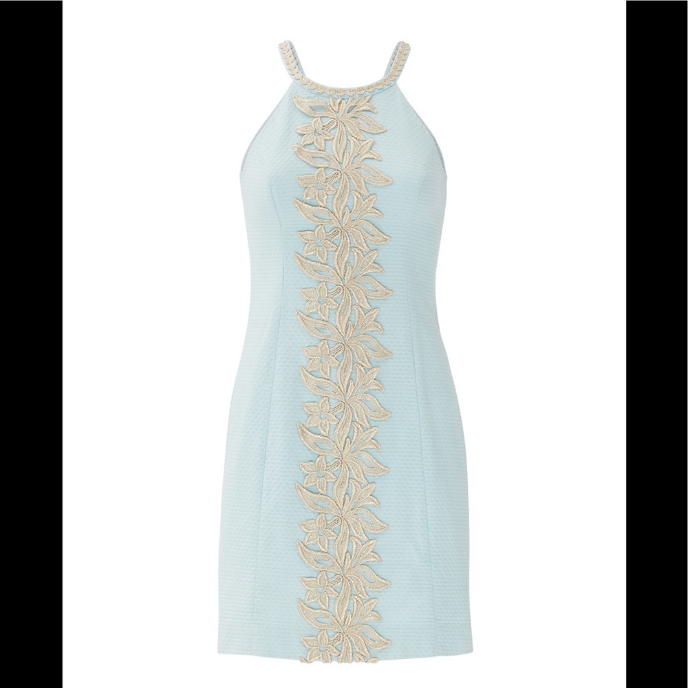 Lilly Pulitzer blue and gold cocktail dress